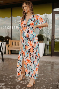 Thumbnail for Floral Slit Plunge Short Sleeve Dress