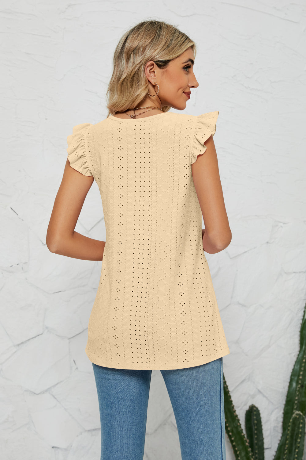 Smocked Round Neck Eyelet Top