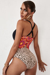 Thumbnail for Printed Crisscross Deep V One-Piece Swimsuit