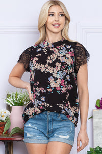 Thumbnail for Floral Mock Neck Lace Short Sleeve Top
