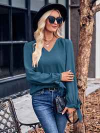 Thumbnail for V-Neck Tie Cuff Puff Sleeve Blouse
