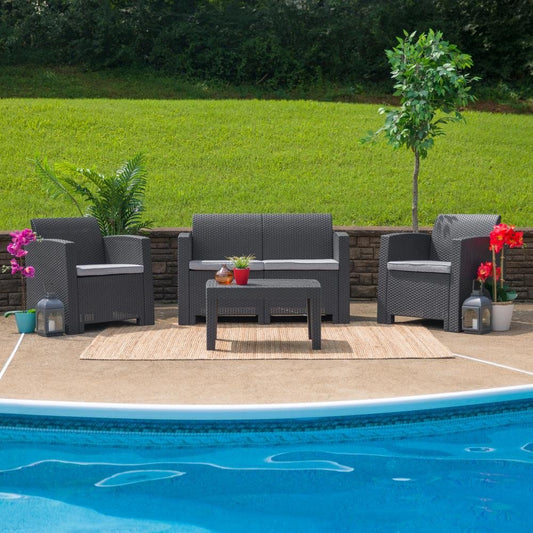 Dark Gray Faux Rattan Loveseat with All-Weather Light Gray Cushions - Mervyns