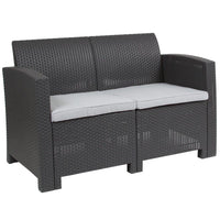Thumbnail for Dark Gray Faux Rattan Loveseat with All-Weather Light Gray Cushions - Mervyns