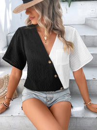 Thumbnail for Two-Tone Buttoned Short Sleeve Top