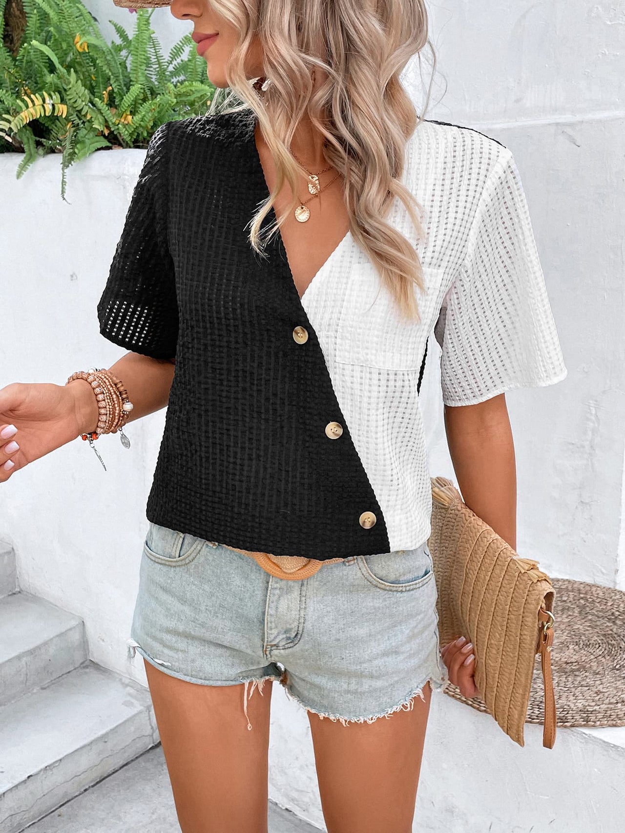 Two-Tone Buttoned Short Sleeve Top