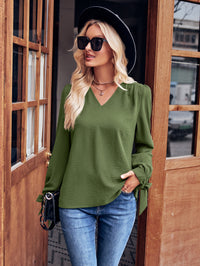 Thumbnail for V-Neck Tie Cuff Puff Sleeve Blouse
