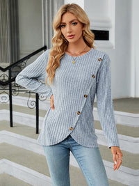 Thumbnail for Round Neck Ribbed Button Detail Blouse