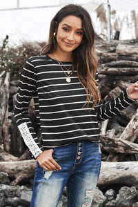 Thumbnail for Striped Lace Button Detail Top
