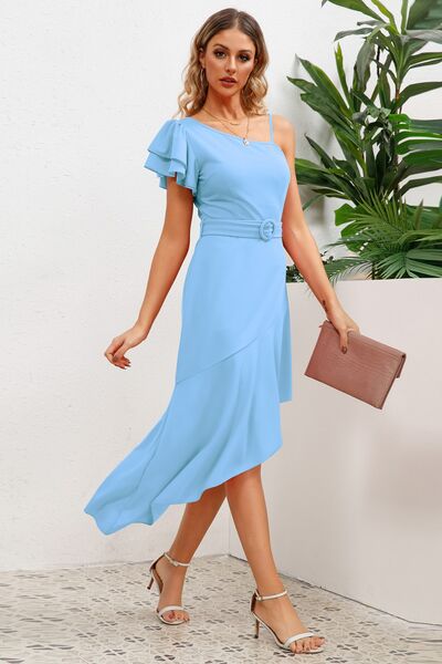 Ruffled Asymmetrical Neck Flutter Sleeve Dress - Mervyns Ruffled Asymmetrical Neck Flutter Sleeve Dress - Mervyns