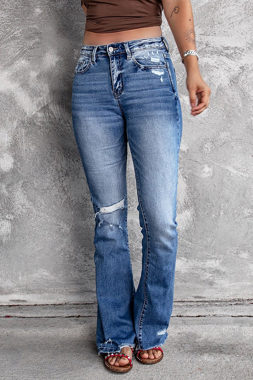 Distressed Flared Jeans with Pockets - Mervyns