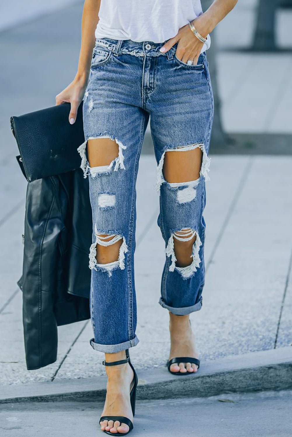 Distressed Frayed Trim Straight Leg Jeans - Mervyns