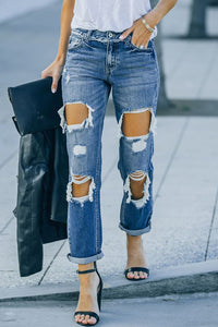 Thumbnail for Distressed Frayed Trim Straight Leg Jeans - Mervyns