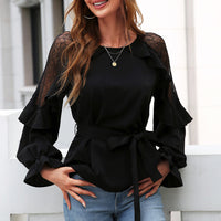 Thumbnail for Round Neck Front Tie Flounce Sleeve Lace Cap Blouse