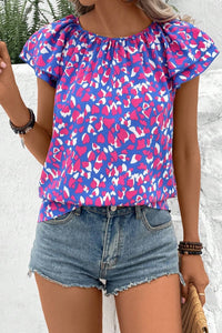 Thumbnail for Printed Round Neck Flutter Sleeve Blouse