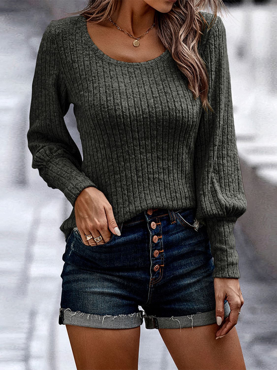 Ribbed Round Neck Long Sleeve Blouse