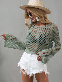 Thumbnail for Openwork Flare Sleeve Cropped Cover Up