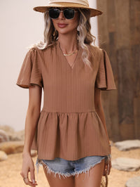 Thumbnail for Ribbed Flutter Sleeve Notched Peplum Blouse