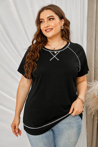 Thumbnail for Plus Size Contrast Stitching Crewneck Tee