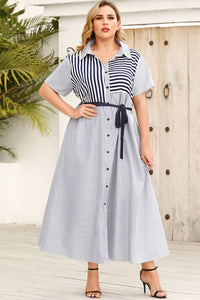 Thumbnail for Plus Size Striped Belted Button-Up Shirt Dress