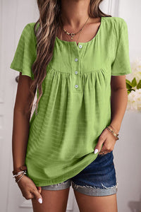 Thumbnail for Quarter-Button Round Neck Short Sleeve Top