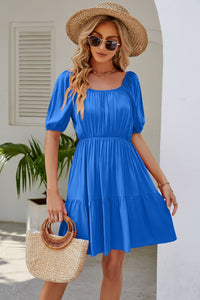 Thumbnail for Ruched Square Neck Puff Sleeve Mini Dress