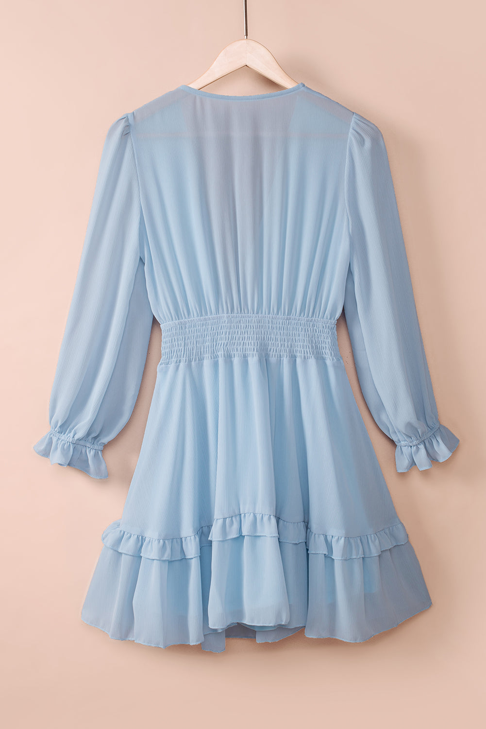 Tied Plunge Smocked Waist Flounce Sleeve Dress