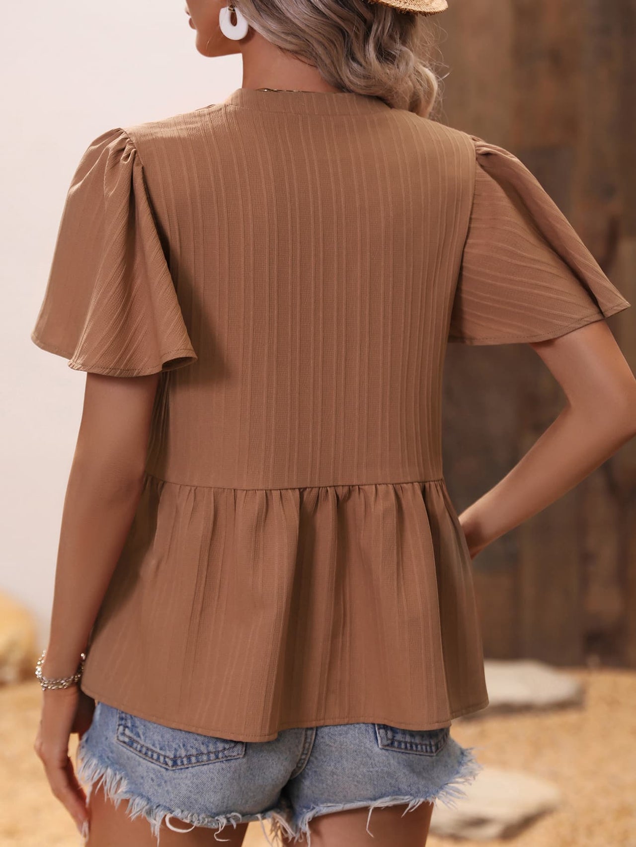 Ribbed Flutter Sleeve Notched Peplum Blouse