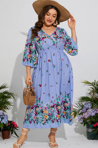 Thumbnail for Plus Size Floral V-Neck Three-Quarter Sleeve Midi Dress