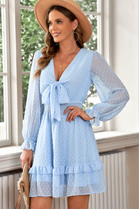 Thumbnail for Swiss Dot Tie Front Frill Trim Plunge Dress