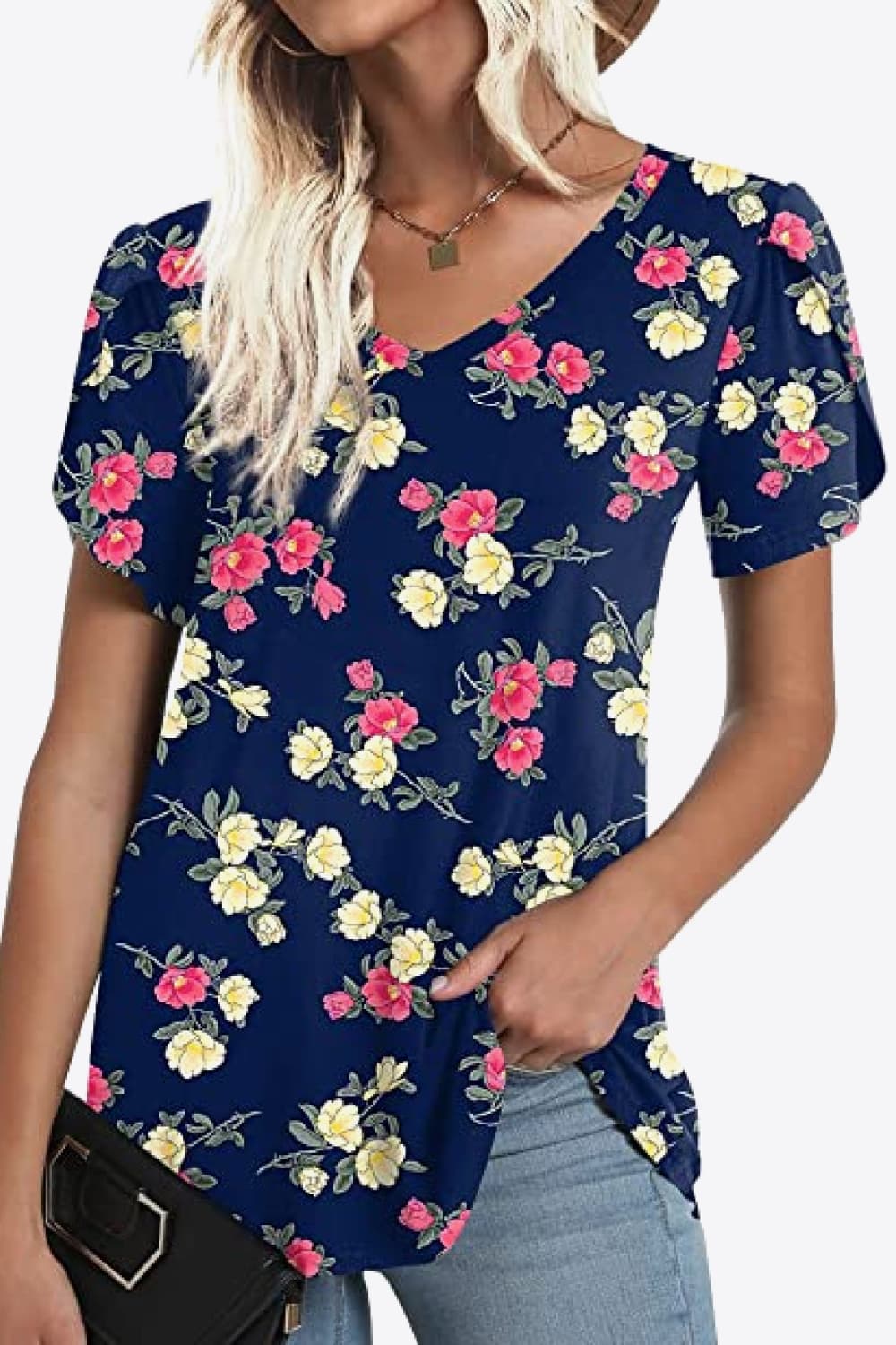 Printed Petal Sleeve V-Neck Blouse