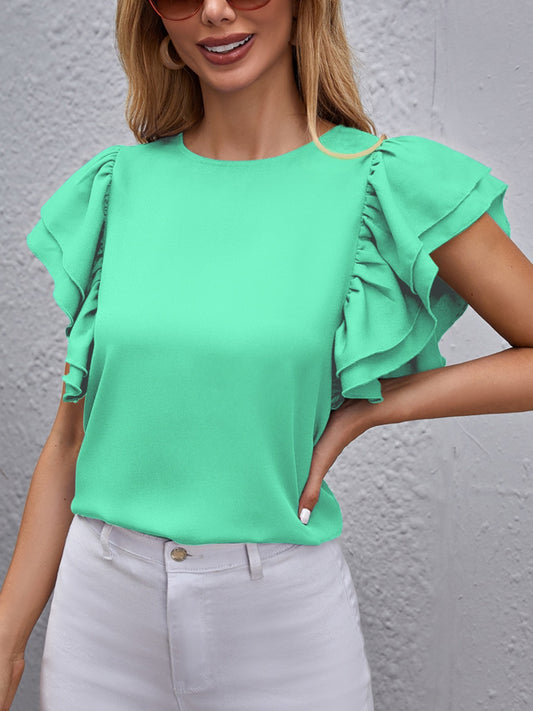 Round Neck Flounce Sleeve Blouse