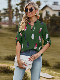 Thumbnail for Printed Roll-Tab Sleeve Notched Neck Blouse