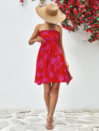 Thumbnail for Floral Frill Trim Strapless Smocked Dress