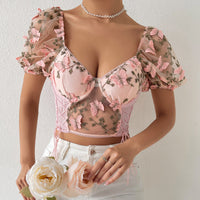 Thumbnail for Embroidery Sweetheart Neck Short Sleeve Lace Trim Blouse