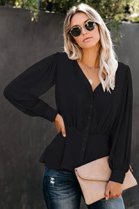 Thumbnail for Buttoned Puff Sleeve Blouse