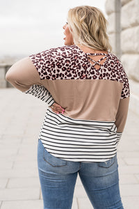 Thumbnail for Plus Size Mixed Print Color Block Curved Hem Top